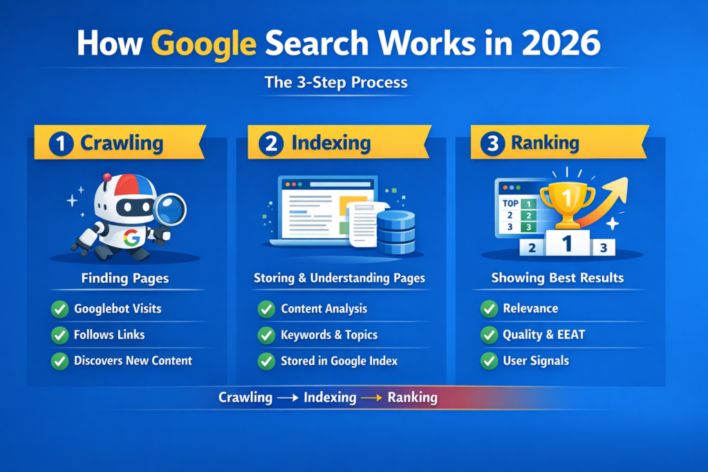 How Google Search Works in 2026 – Crawling, Indexing & Ranking Explained Simply