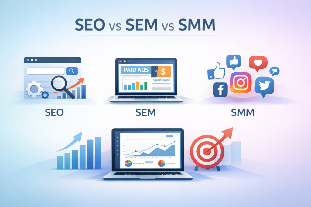 Difference Between SEO, SEM, and SMM (Complete Guide)